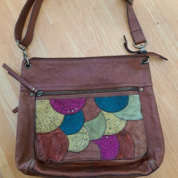 Fossil Multicolor Patchwork Leather Suede Pocket Boho Crossbody Bag - Picture 1 of 16